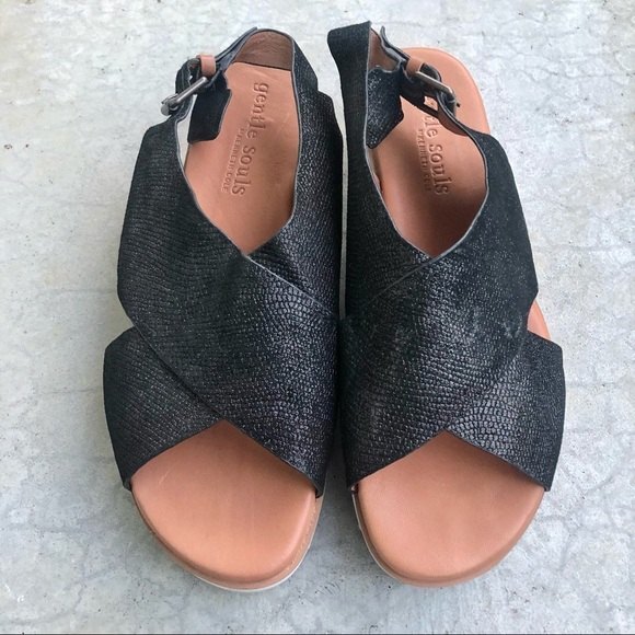 Gentle Souls Sandals Comfort Flatform Platform Black Leather Shimmer Open Toe 10 - Picture 3 of 9